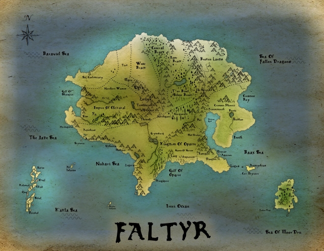 Revised map of Faltyr (particularly one hemisphere of the planet).